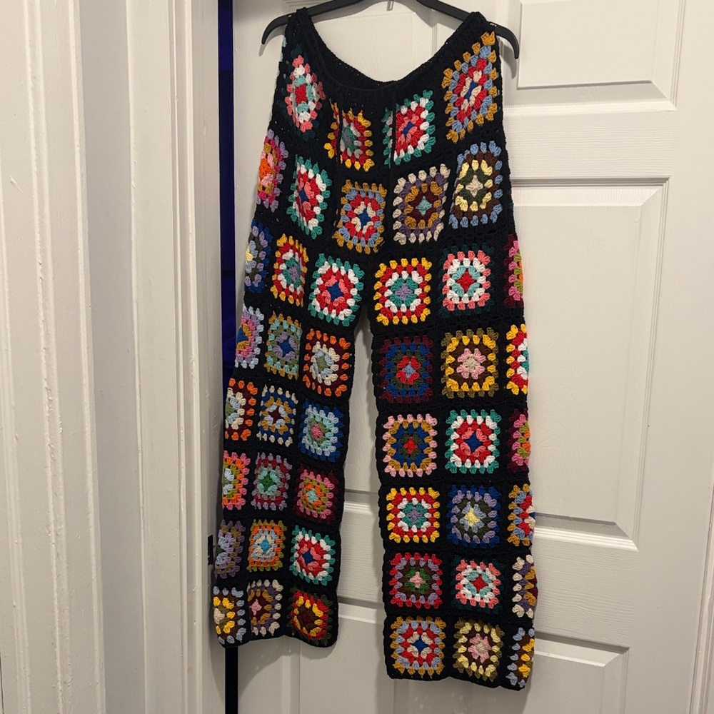Handmade Crochet Granny Square Pants XL in Black with Multicolor Accents